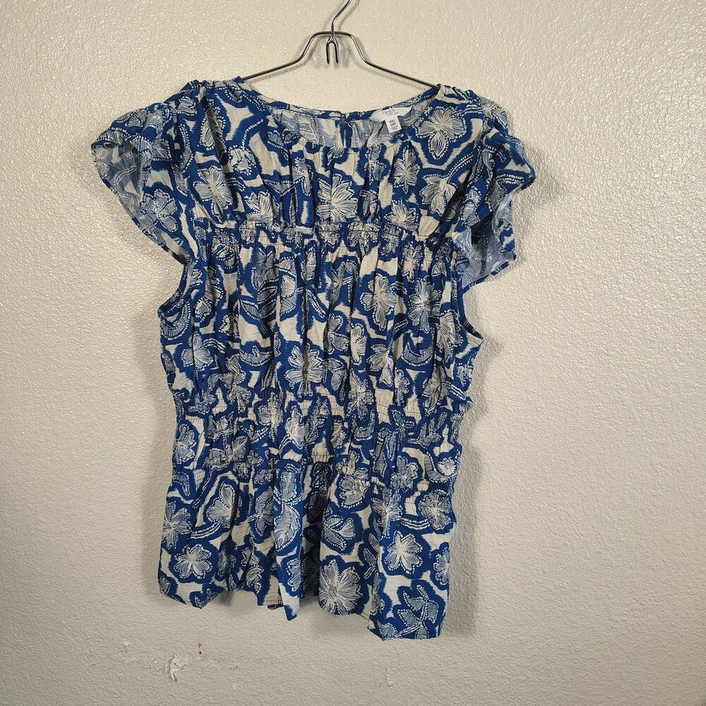 Time and Tru Women's Blue White Floral Flutter Sleeve Blouse XXL (20) Smocked